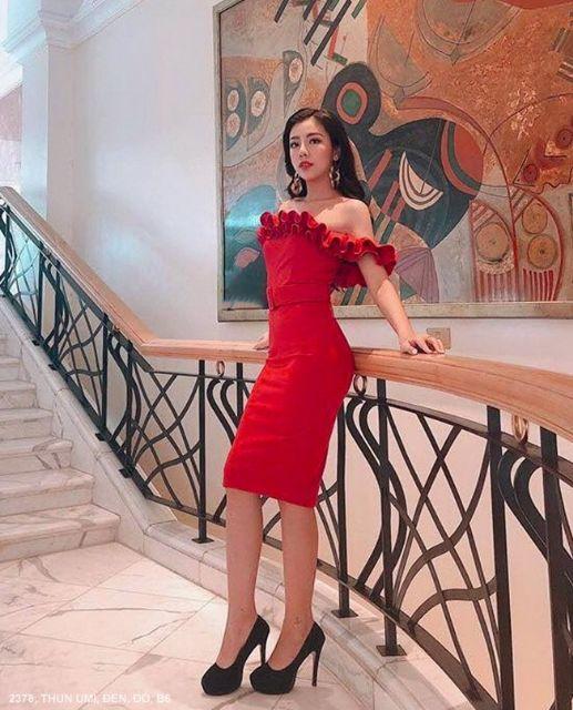 ĐẦM ÔM RỚT VAI CỔ DÚN BÈO KÈM BELT