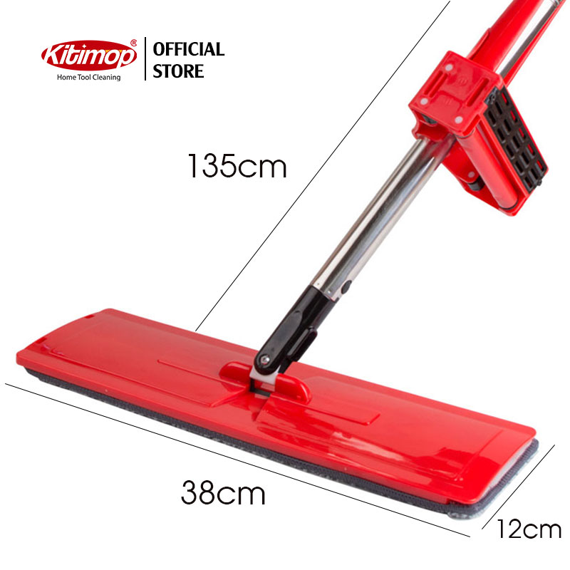 Cây lau nhà tự vắt Kitimop-Red bàn lau lớn 38cm, con lăn trợ lực, thanh thép không gỉ, khớp xoay 360 độ, 2 bông lau