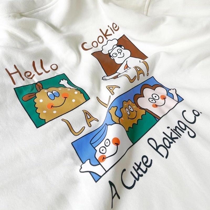 Áo Sweater Nỉ Ngoại Cookie tay phồng dày dặn Áo Swt Trắng In Hình Dễ Thương Tay Phồng Dài