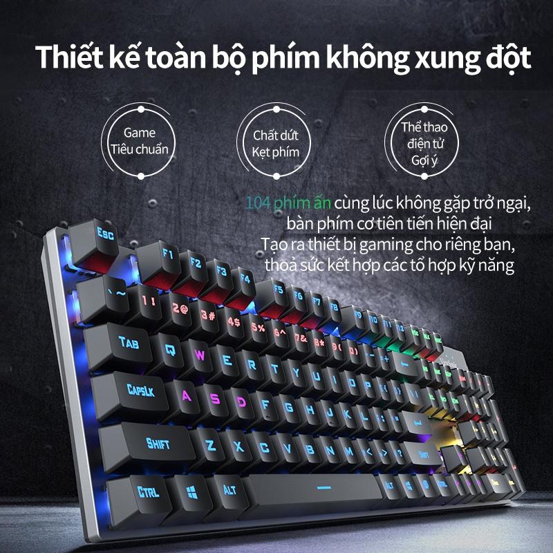 Bàn phím cơ Đa sắc xanh với nhiều hiệu ứng ánh sáng KU520 mặt kim loại Bàn phím máy tính gaming USB hiệu ứng ánh sáng rự