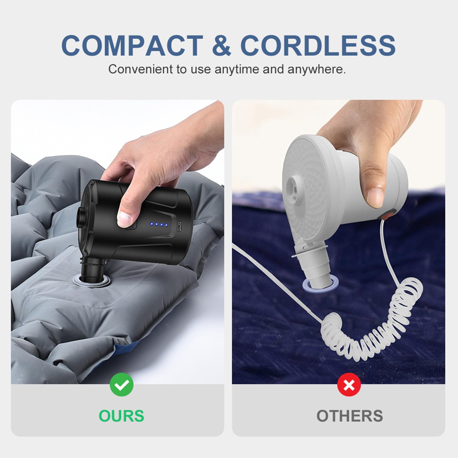 Electric Air Pump Rechargeable Air Mattress Pump Fast Air Inflator with 3 Nozzles for Camping Inflatable Mattresses Air Beds Boats Inflatable Sofas Round Black