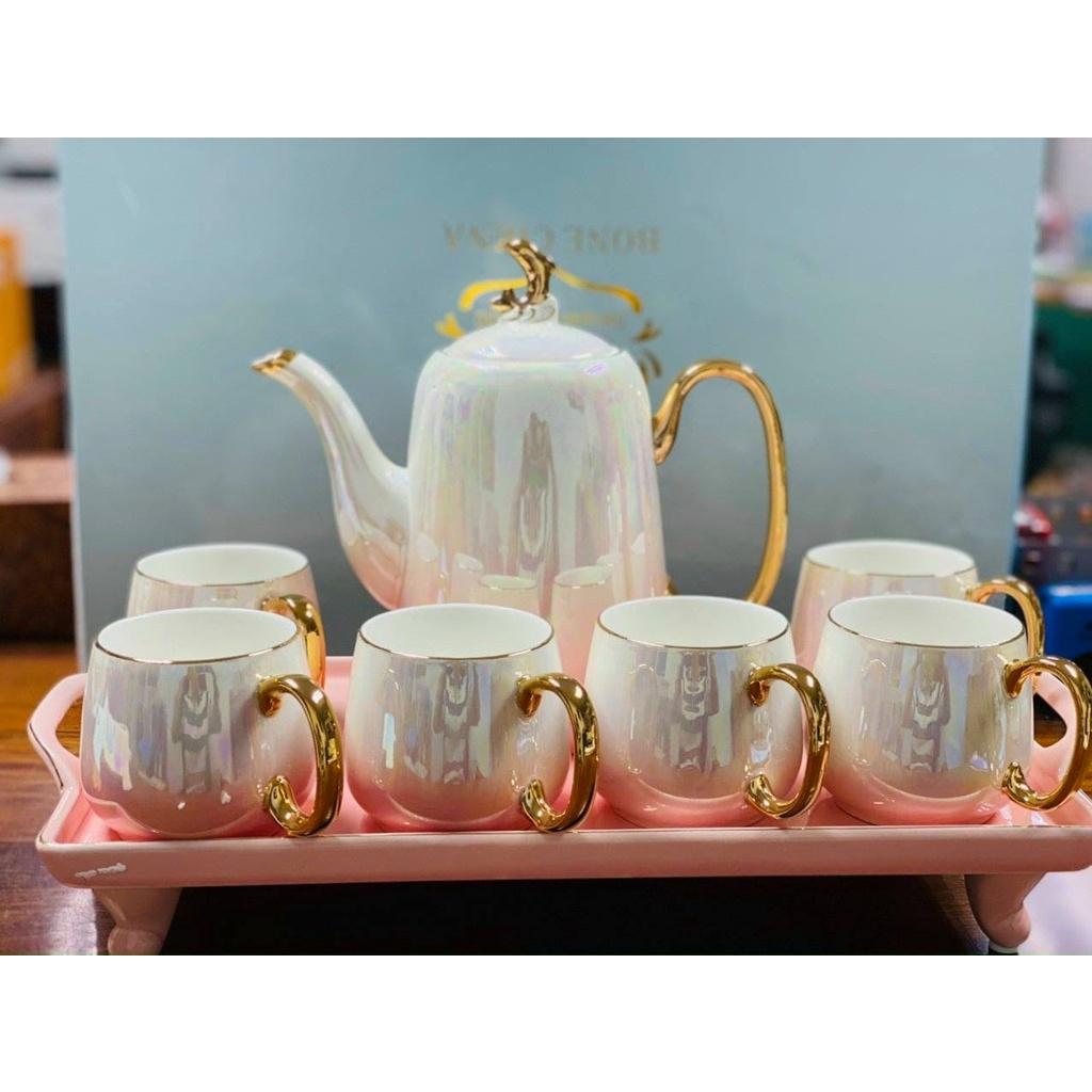 BỘ ẤM CHÉN KÈM KHAY PHA TRÀ CÀ PHÊ SỨ XƯƠNG CAO CẤP MÀU ÁNH TRAI HỒNG,HÀNG CAO CẤP