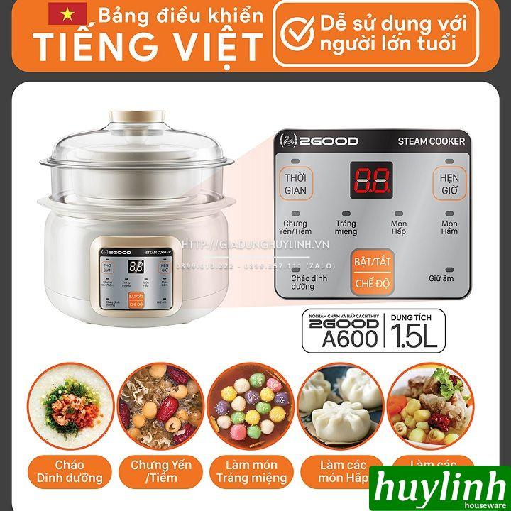 Nồi hầm chậm, chưng yến, nấu cách thuỷ 2Good A600 - 1.5 lít - 2 tầng - Tặng kèm sách hướng dẫn nấu ăn dặm - Hàng chính hãng