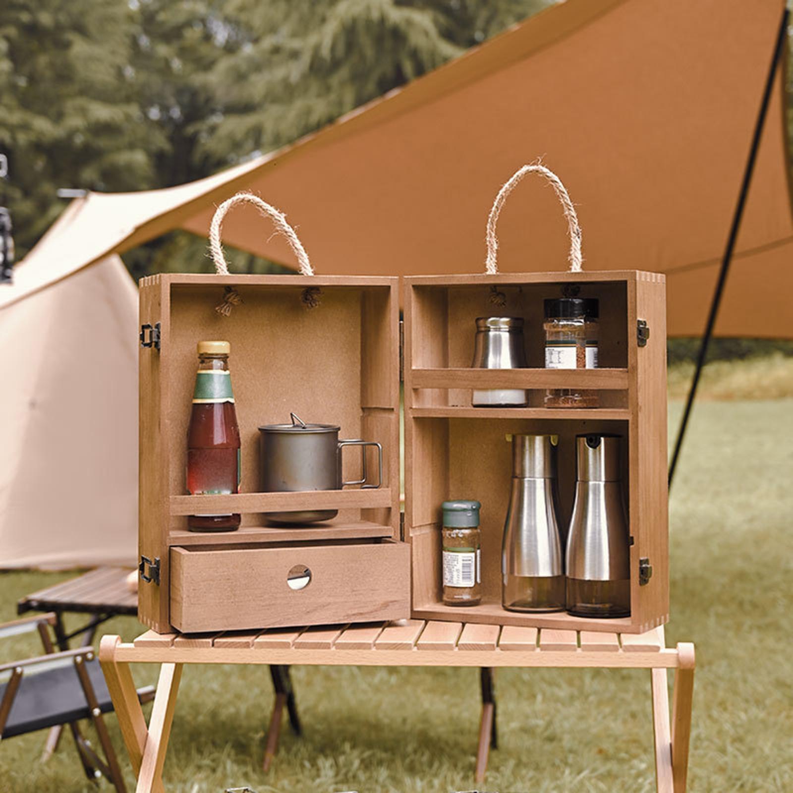 Outdoor Wood Camping Condiment Storage Box BBQ Travel Oil Bottle Spices Container Seasoning Tin Organizer Case