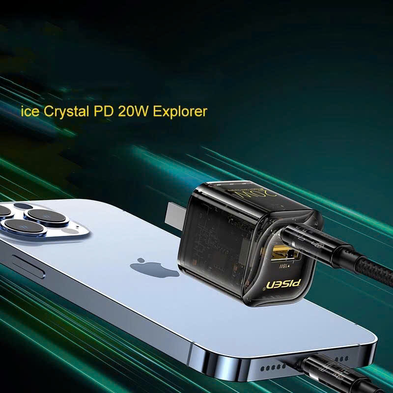 Cóc sạc nhanh PISEN Quick Ice Crystal PD 20W Explorer KPD201, siêu nhỏ, vỏ ngoài trong suốt lộ main, Hàng chính hãng
