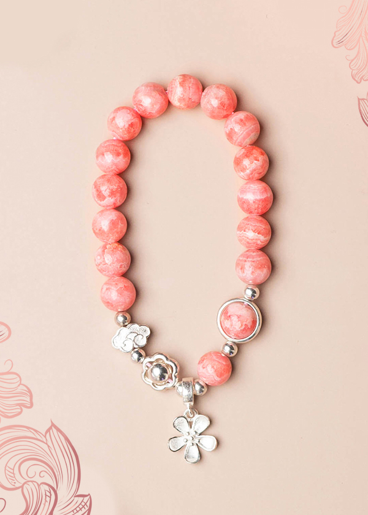 Vòng tay đá Rhodochrosite phối charm hoa mệnh hỏa, thổ - Ngọc Quý Gemstones