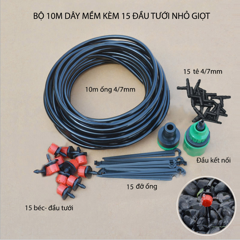 Bộ 15 đầu tưới cây nhỏ giọt kèm 10m ống PVC 4/7mm và phụ kiện đấu nối rất tiện dụng