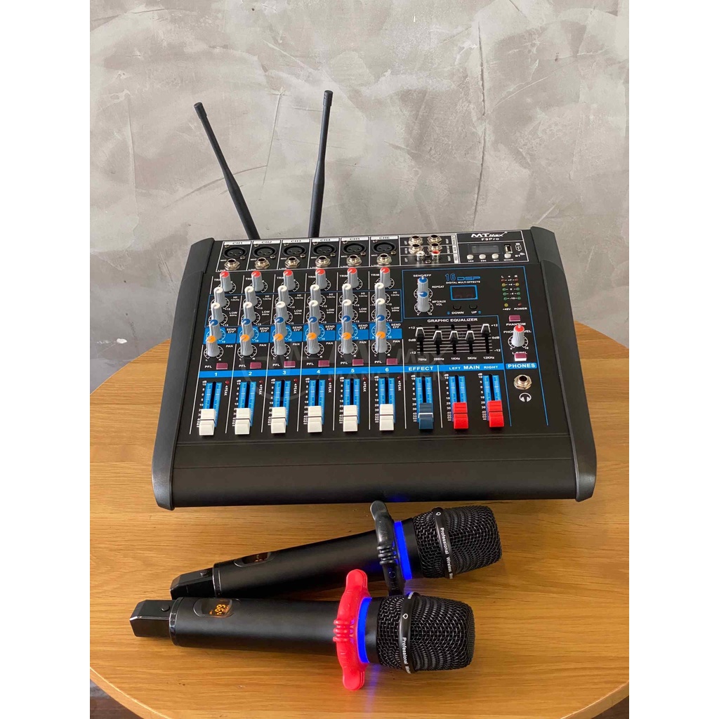 Mixer MTMax F9 Pro liền công xuất chuyên nghiệp tích hợp nhiều chức năng EQ reverb delay echo 16 chế độ kèm 2 micro không dây