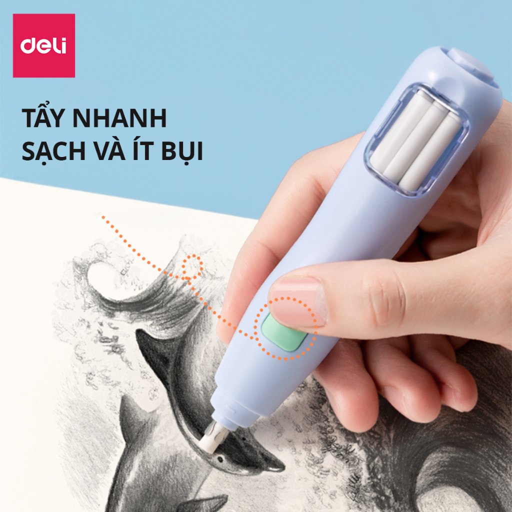 [PHIÊN BẢN MỚI] Bút tẩy điện Deli - Đánh bóng tranh vẽ, tẩy chi tiết nhỏ/to - 20 lõi thay Học sinh sinh viên văn phòng