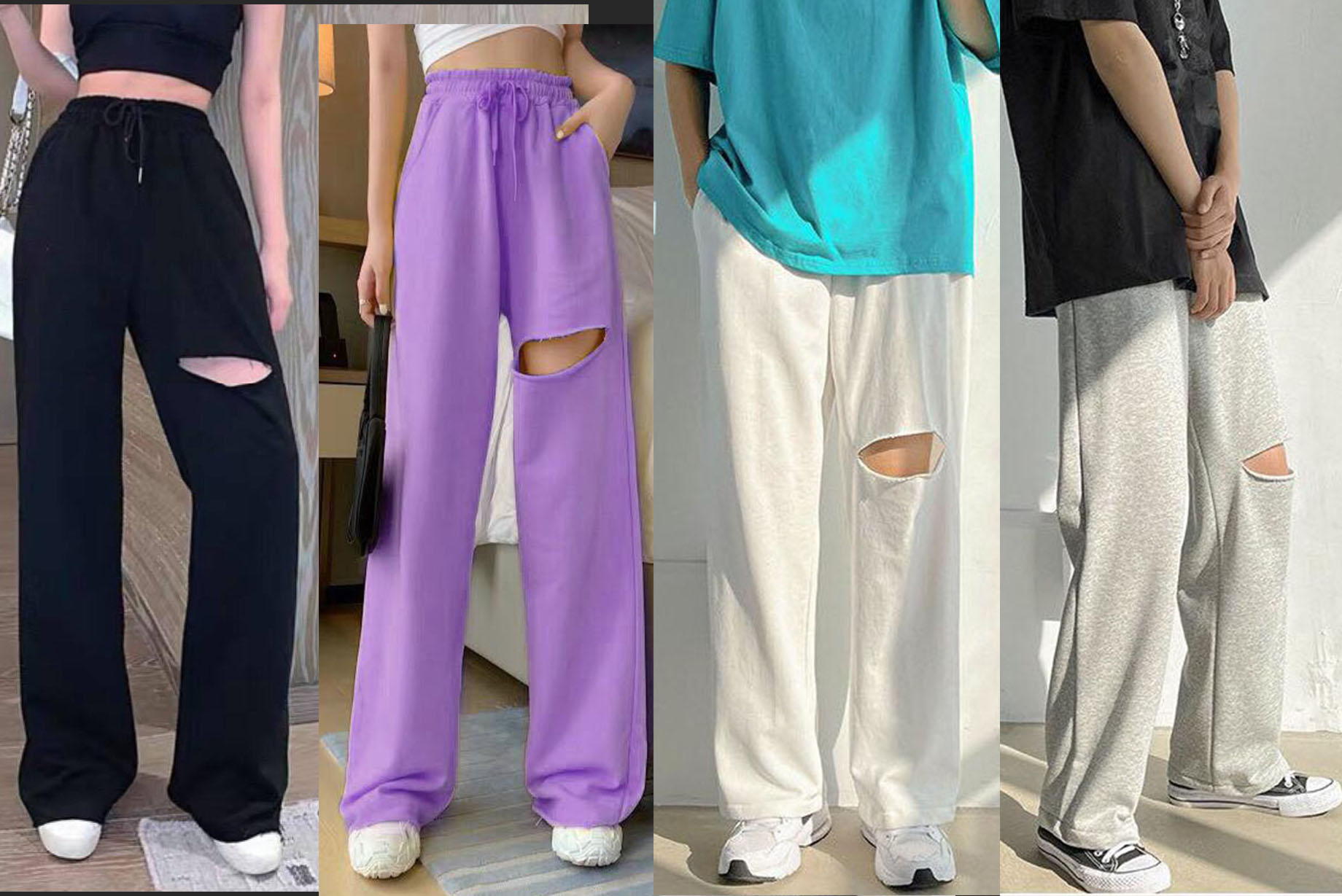 Quần Ống Rộng Rách Gối Lưng Thun Culottes Ulzzang Unisex - MM