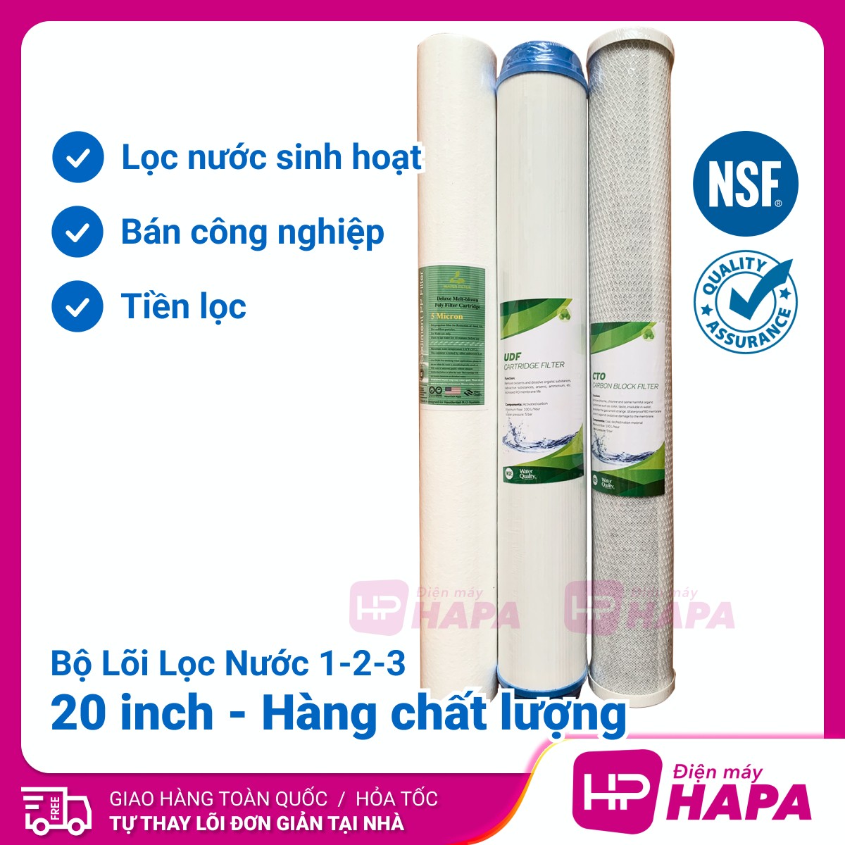 Bộ 3 Lõi Lọc Nước 20 inch 1-2-3, Lọc Thô Đầu Nguồn, Sinh Hoạt, Tiền Lọc 123 20in - Hàng Chất Lượng