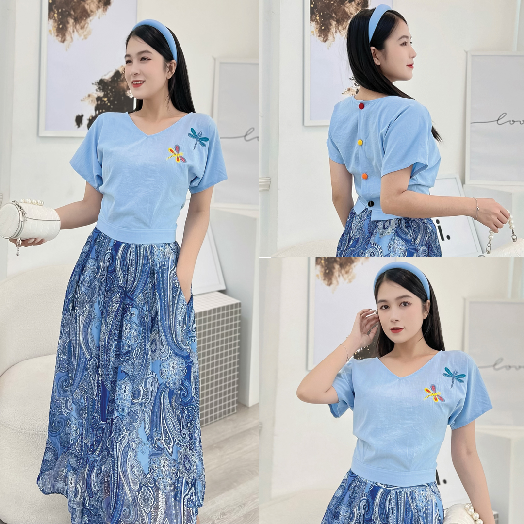 Set chân váy xòe vol + áo linen thêu sang trọng S06 - Lady fashion - Khánh Linh Style