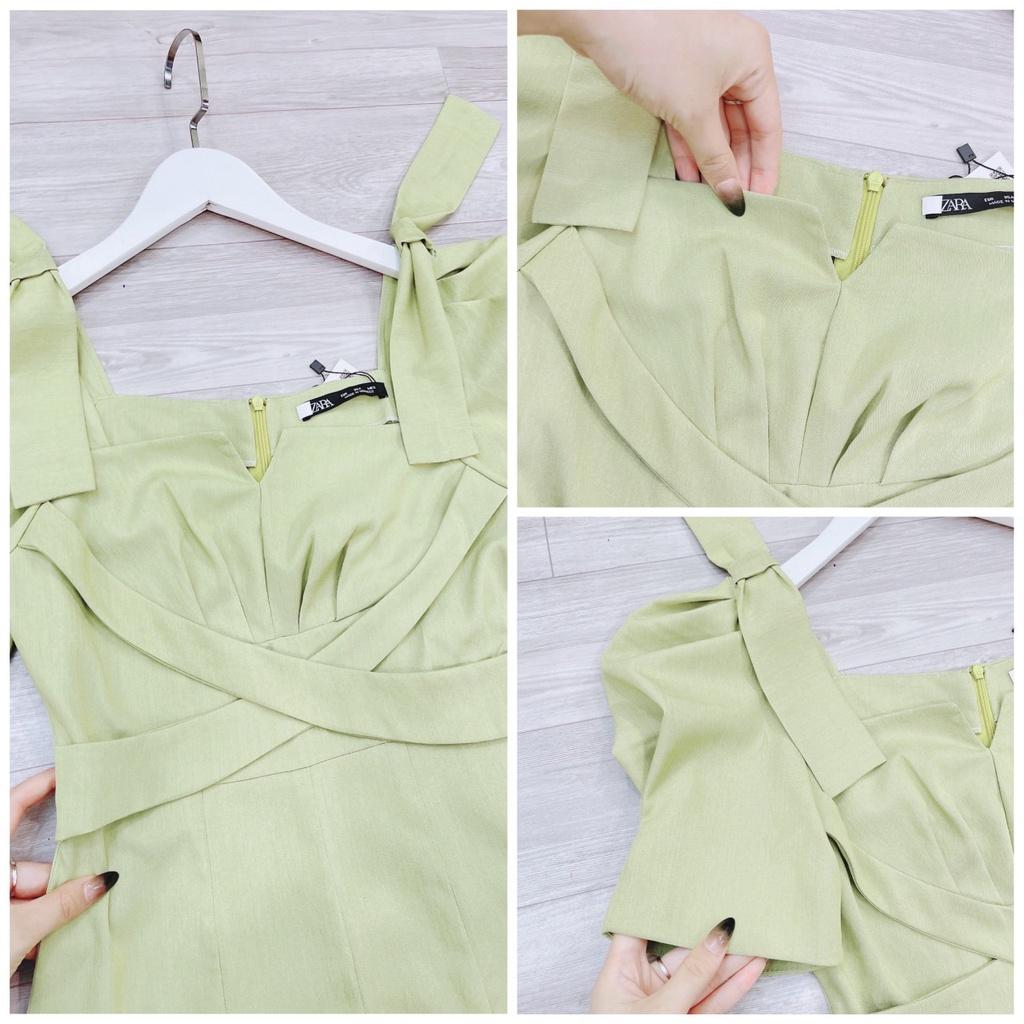 Váy Đầm xanh cốm dây đan chéo nơ vai