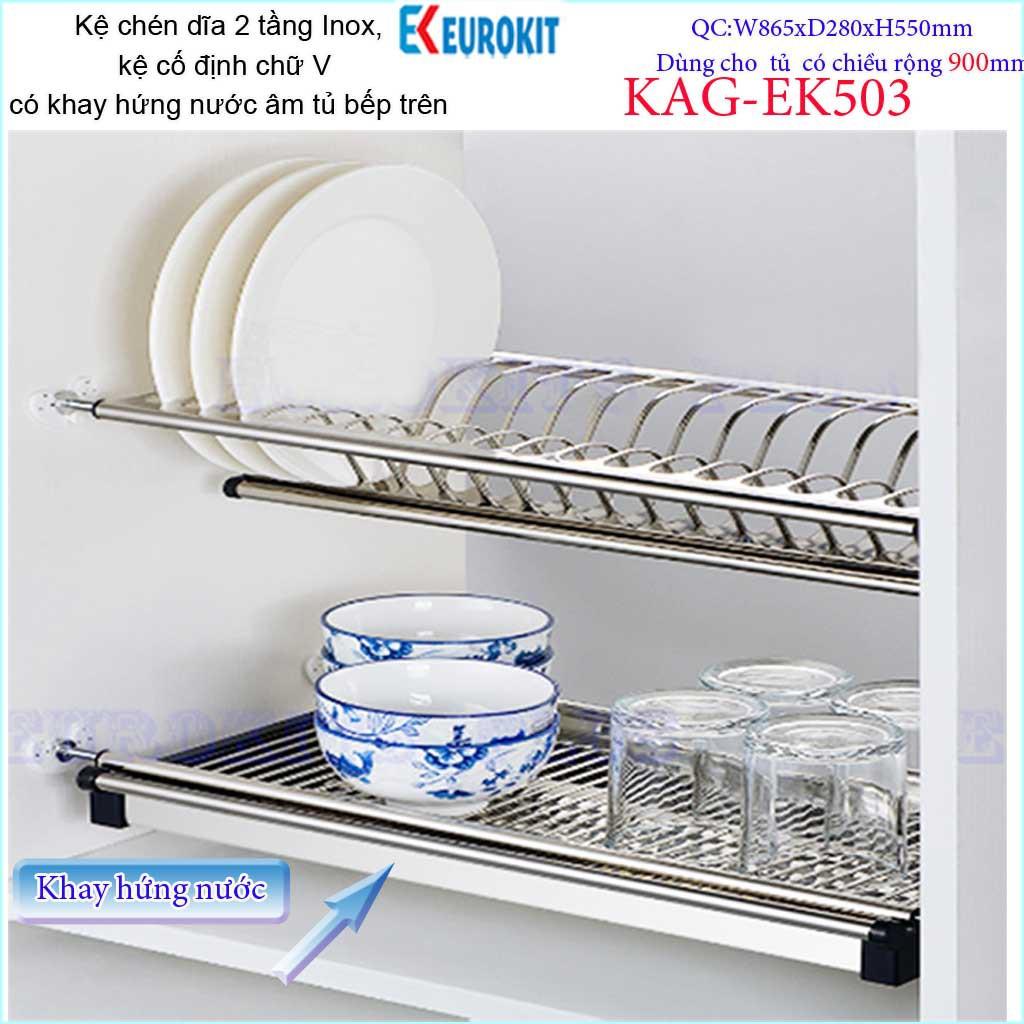 Kệ chén dĩa âm tủ chữ V KAG-EK503-90cm, Kệ chén bát 2 tầng Eurokit inox bóng cao cấp