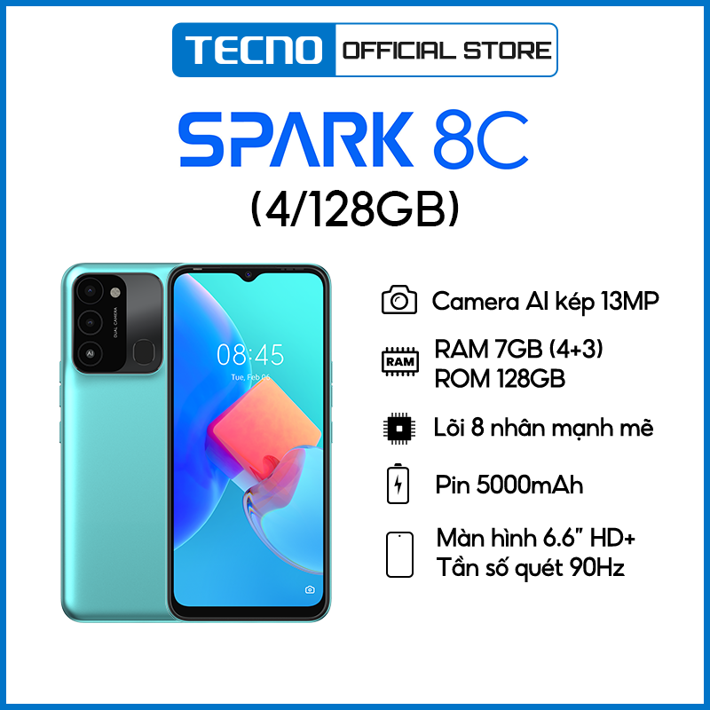 Điện thoại TECNO Spark 8C (4GB/128GB) - RAM tùy biến mở rộng tới 7GB |Pin 5000 mAh| 6.6&quot; HD+ 90Hz (KG5k) - Hàng chính hãng