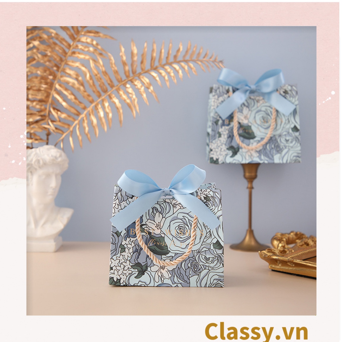 Q903 TÚI  giấy 14*12*6cm quai dù, kèm ruy băng đựng đồ quà tặng họa tiết cổ điển