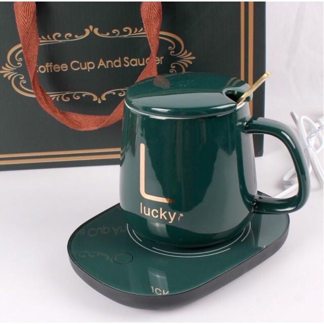 Cốc Hâm Nóng Đồ Uống Kèm Đế Điện, Bộ Ly Sứ Kèm Đế Điện Hâm Nóng Trà, Cafe, Hâm Sữa + Tặng Kèm Thìa Vàng, Hộp Sang Trọng