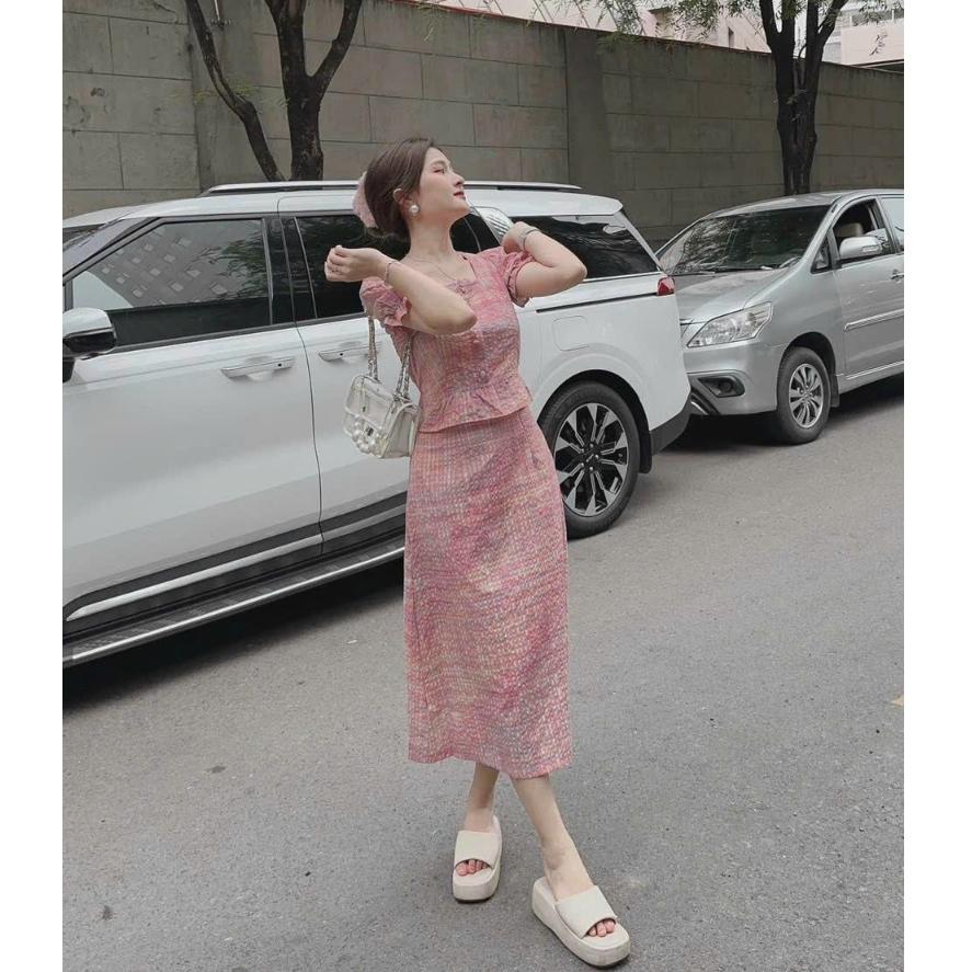 Sét bộ áo nút bọc cổ vuông mocking thân sau cột nơ kèm chân váy dài