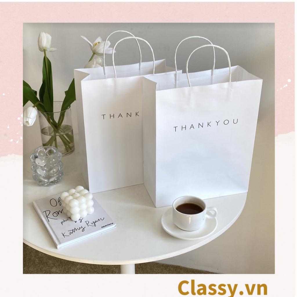 Túi giấy kraft Classy Thank You có quai xách màu trắng, nhiều kích cỡ lựa chọn Q1352