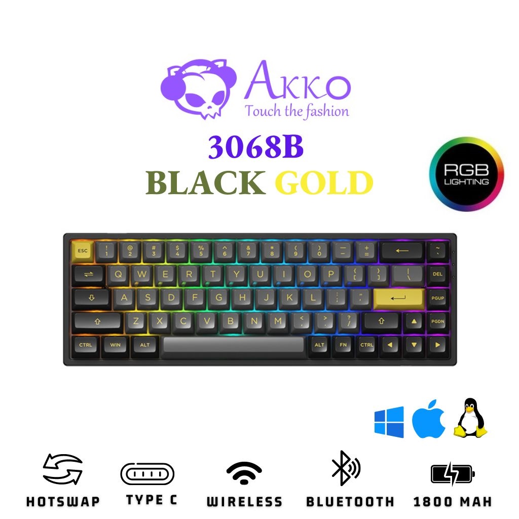 Bàn phím cơ AKKO 3068B Black &amp; Gold (Multi-modes/Hotswap/Foam tiêu âm/RGB/Akko CS Switch) - Hàng chính hãng