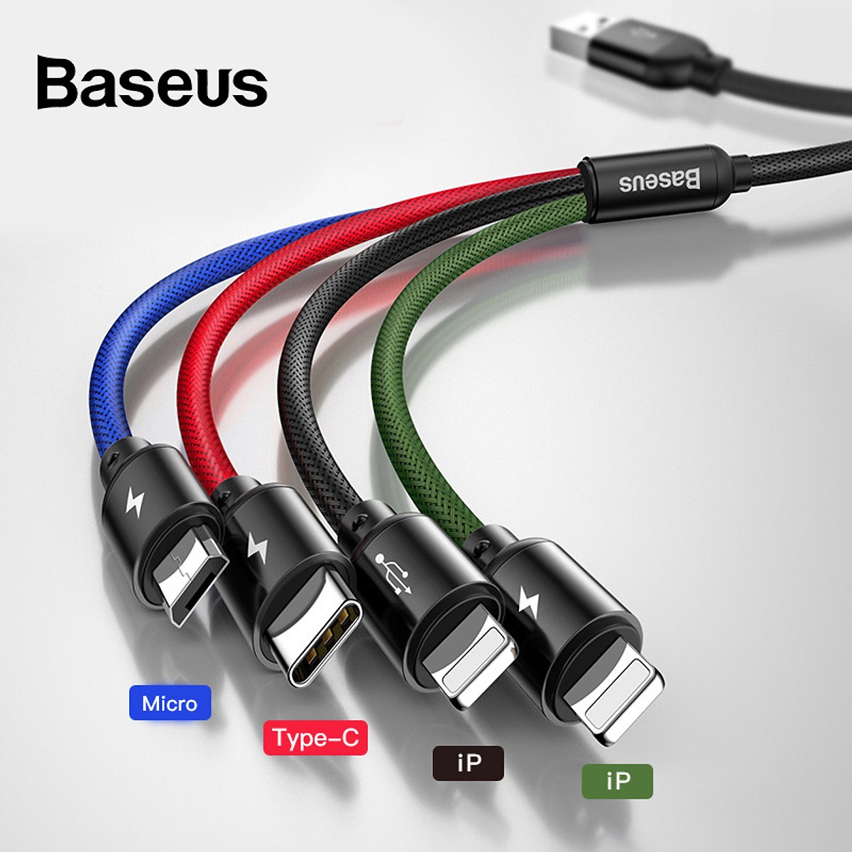 Cáp sạc đa năng Baseus Rapid Series 4 in1 Type-C, 2 Lighting, Micro USB cho iPhone/ iPad / Airpods, Smartphone &amp; Tablet Android (3.5A, 1.2M, Fast charge 4 in 1 Cable) - hàng nhập khẩu