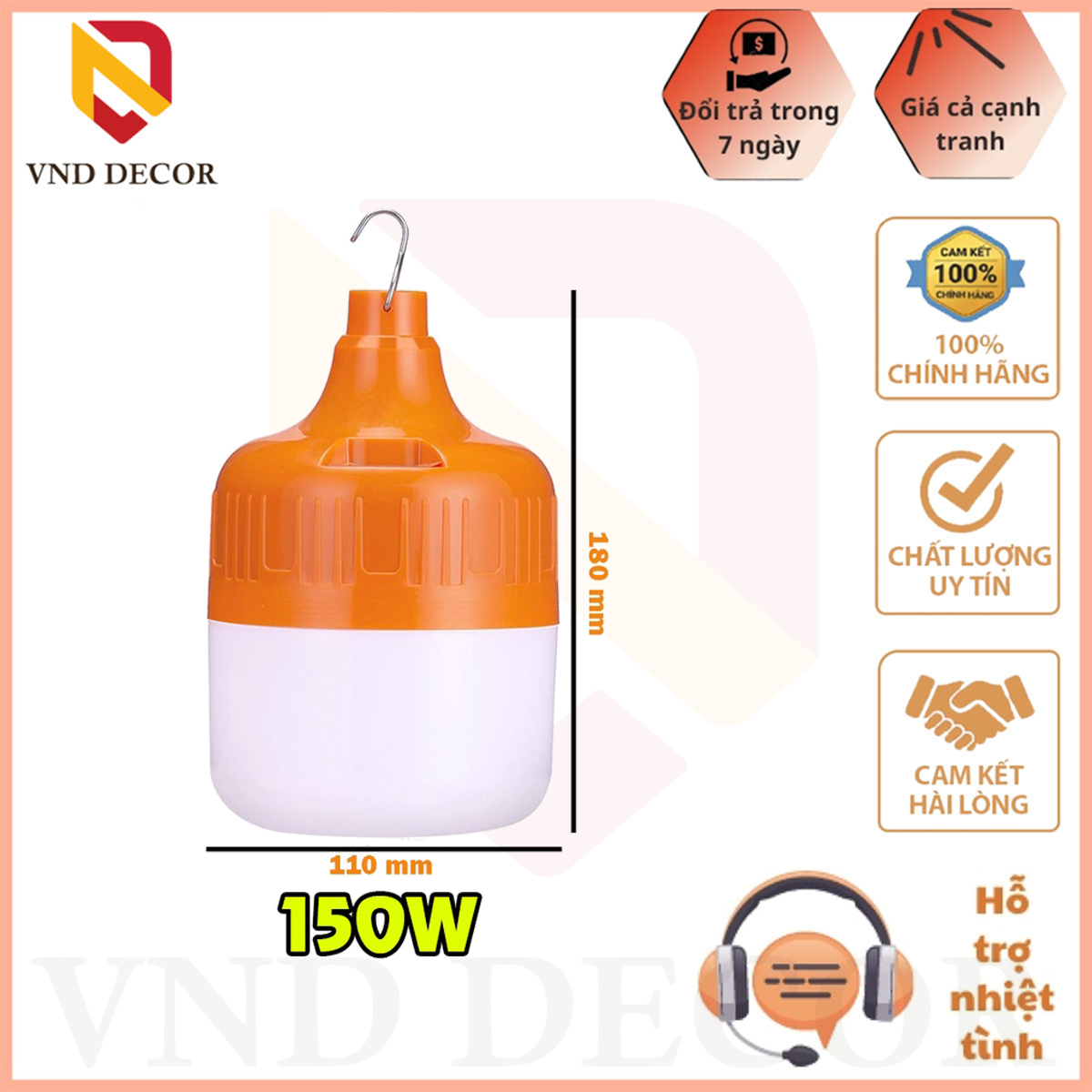 Bóng Đèn Sạc Tích Điện Đa Năng 100W, 150W Cổng sạc USB Có Móc Treo Không Cân Dây Điện