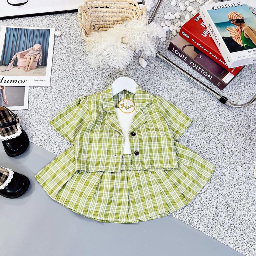 Set váy giả vest bé gái kẻ caro 3 chi tiết áo, chân váy xếp ly và áo quây sợi bún XHN1025