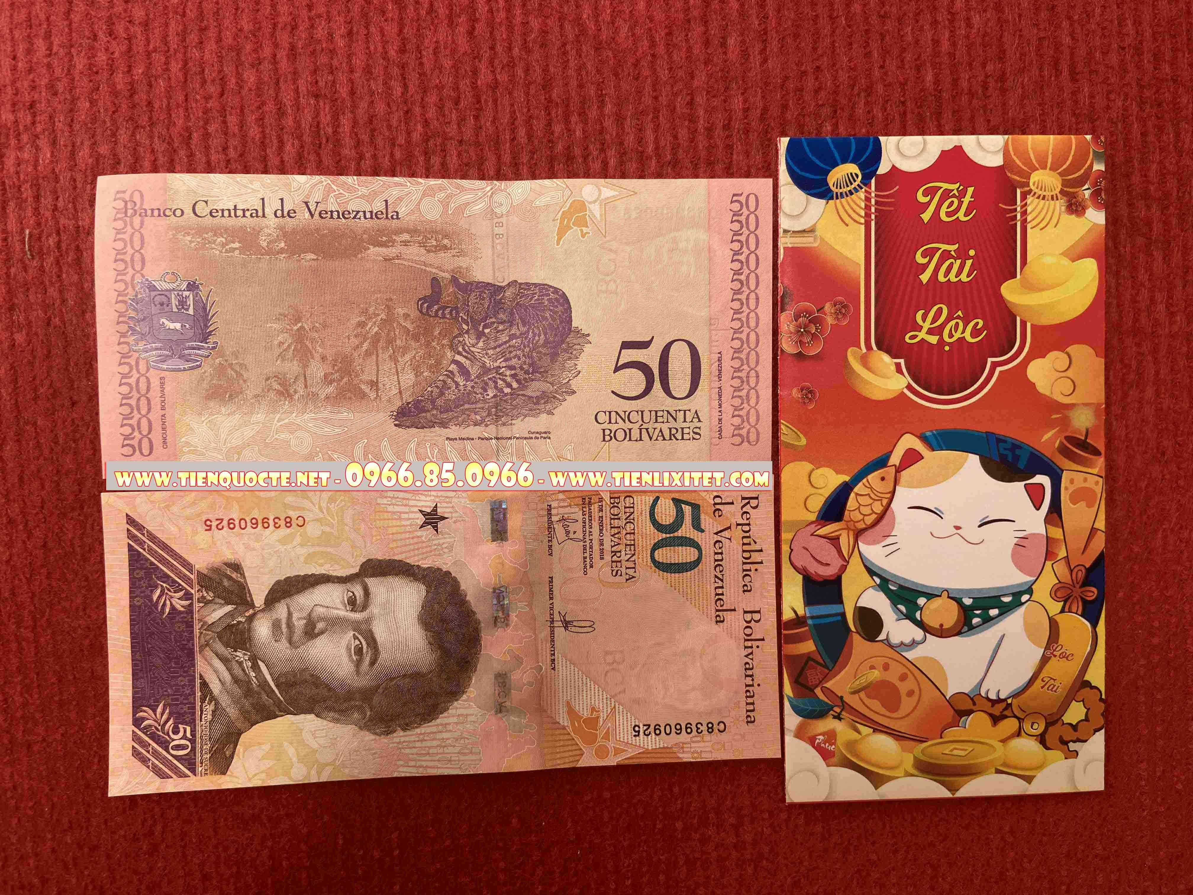 Lì xì tết 2023 tờ Tiền Venezuela hình con mèo 2023, tặng bao đỏ may mắn