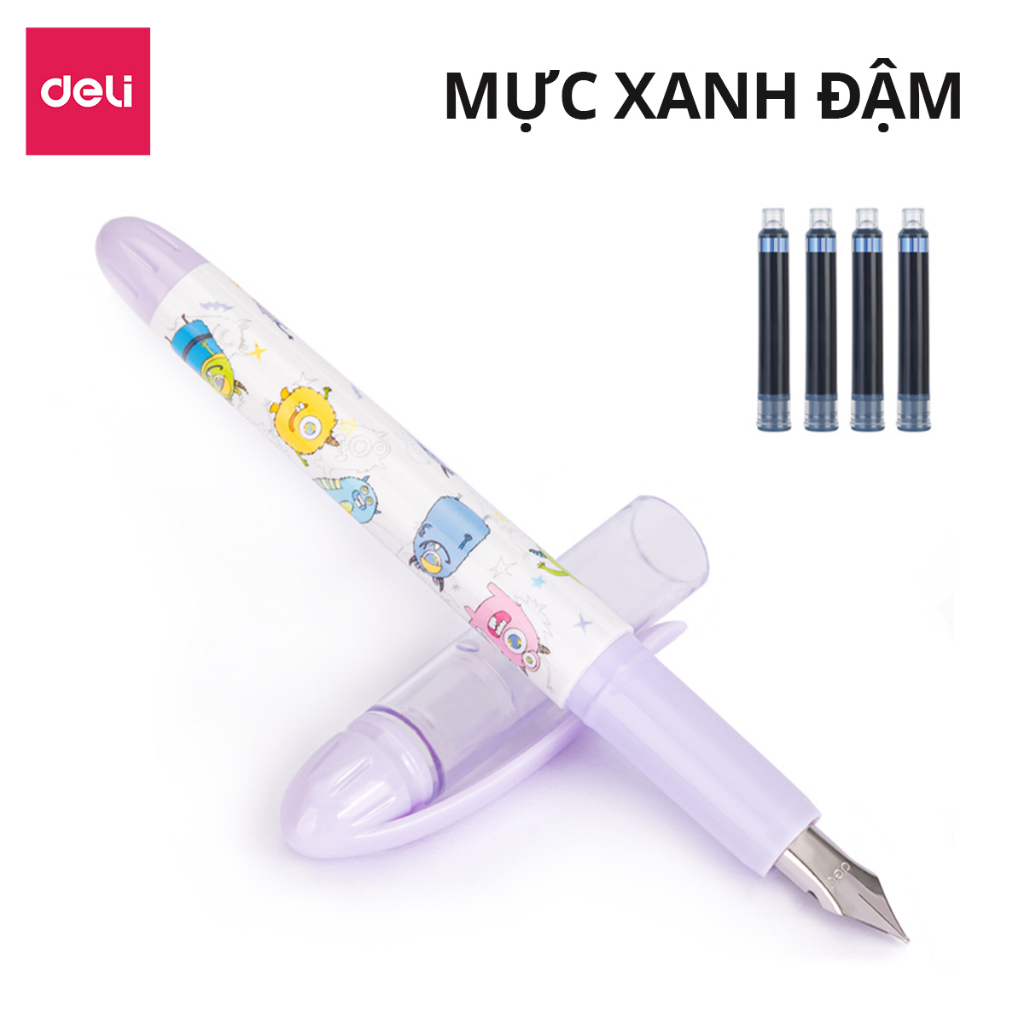 Set 2 bút máy học sinh kèm ống mực xanh cao cấp Deli, bút luyện viết chữ đẹp, tập viết chính tả họa tiết dễ thương