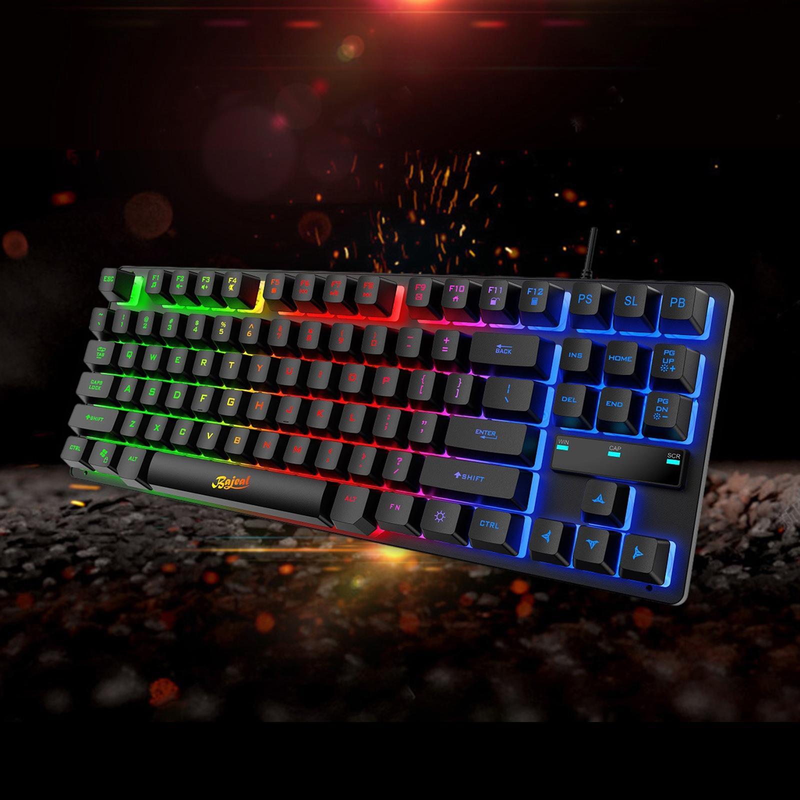 USB Gaming Keyboards 87 Keys Rainbow LED 3 Colors Backlit for PC Blue Black