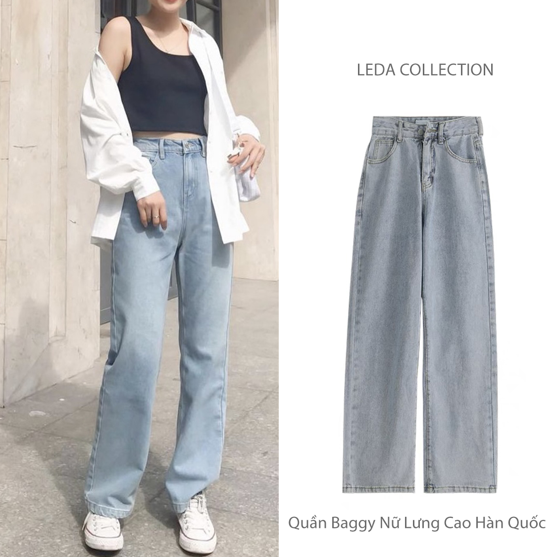 Quần jean Baggy ống suông rộng lưng cao nữ Ulzzang style Hàn Quốc