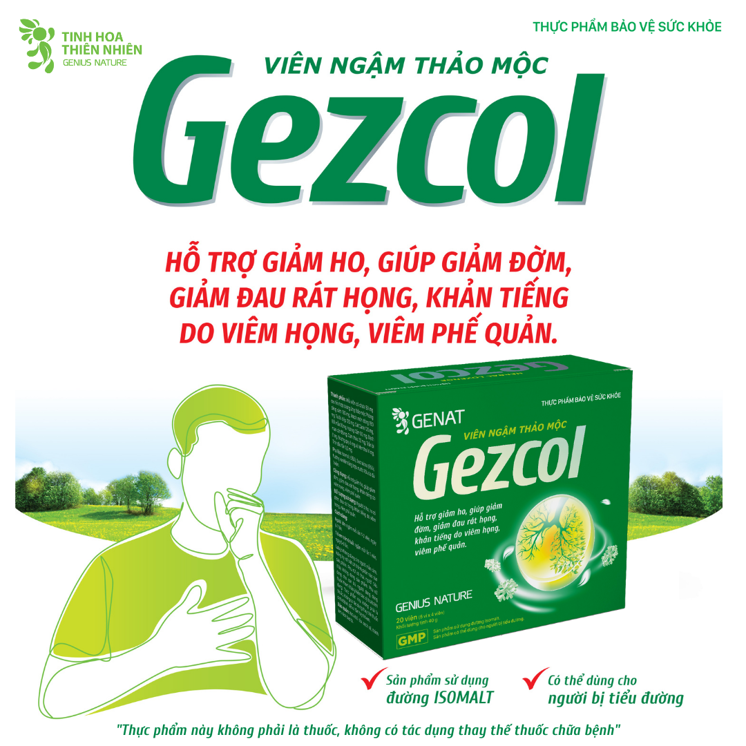 Viên ngậm thảo mộc Gezcol Hỗ trợ giảm ho, giảm đờm, giảm đau rát họng, khản tiếng - Genat