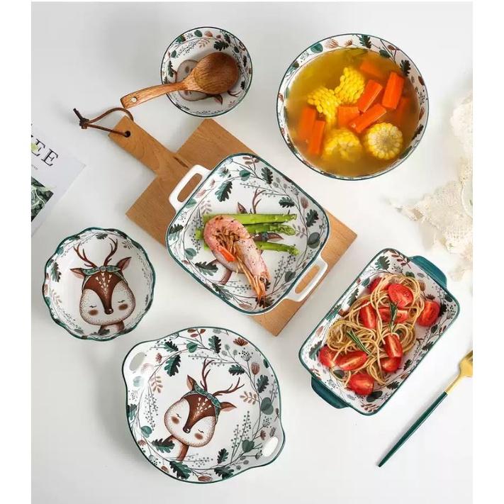 Bộ chén bát ăn cơm, đĩa khay gốm sứ Nai decor cao cấp