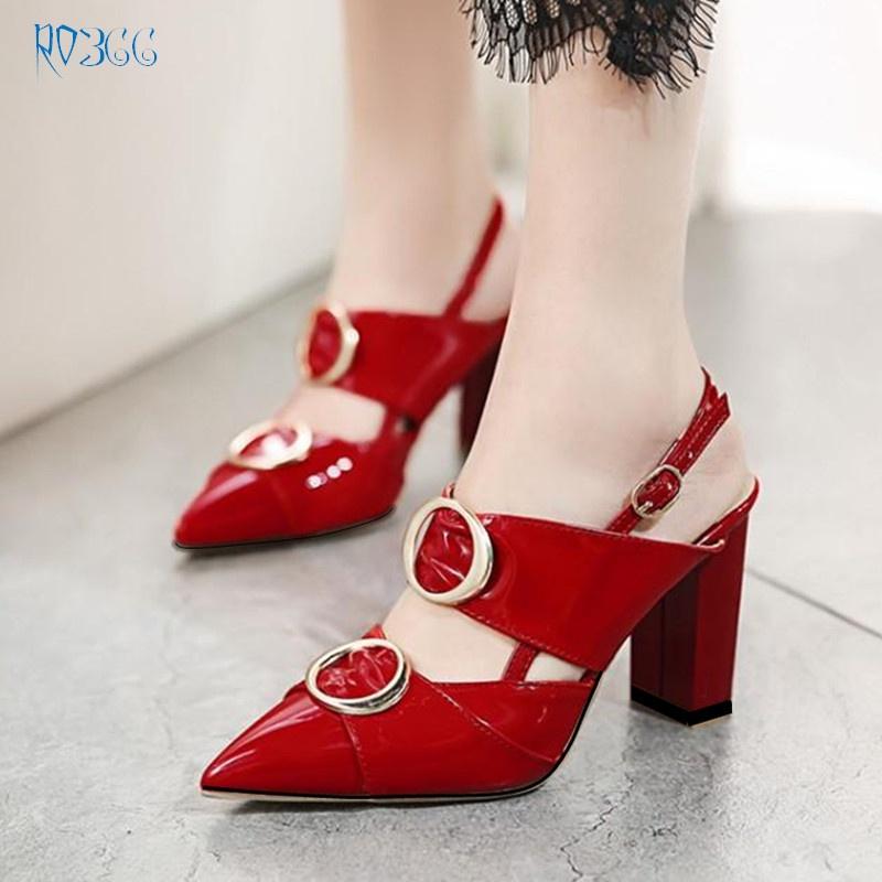 Giày sandal nữ cao gót 7 phân hàng hiệu rosata hai màu đen đỏ ro366