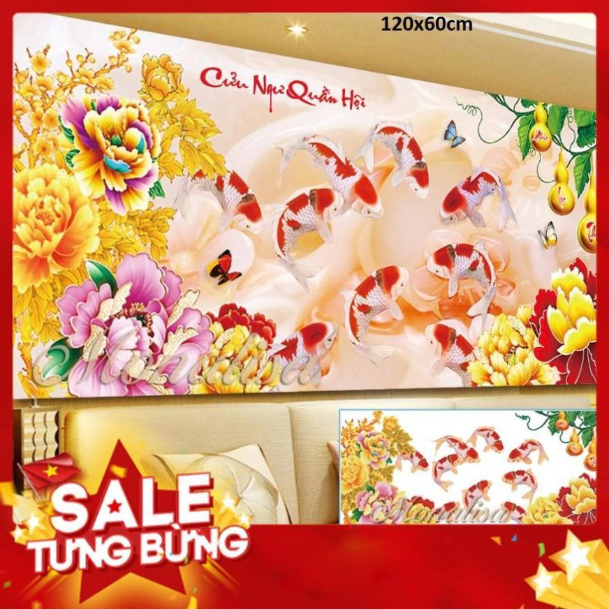 Iii8223Tranh đính đá cửu ngư quần hội 120x60cm