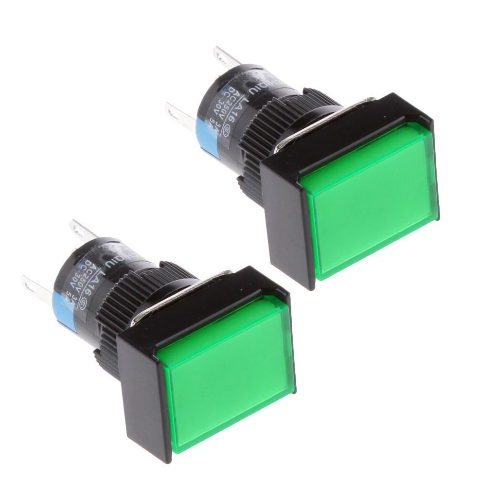 2 pieces DC 12V Push Button Momentary Self Reset Square Switch with LED Light 5 Pin 16mm Green
