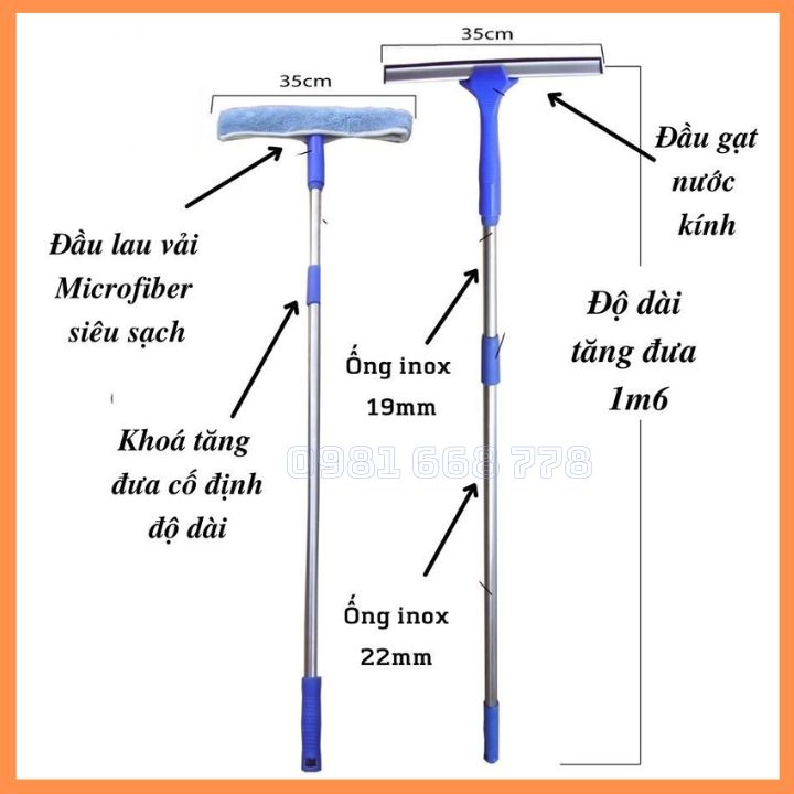 Bộ lau kính đa năng tiện dụng 3-1 gồm cây lau inox cán dài 1m6 đầu lau kính siêu sạch-đầu gạt nước kiếng & móc treo đồ