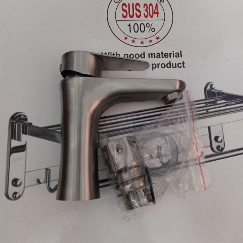 Vòi Lavabo Nóng Lạnh tròn INOX SUS 304 Đúc nguyên khối cao cấp LE07.Tặng kèm 2 dây cấp