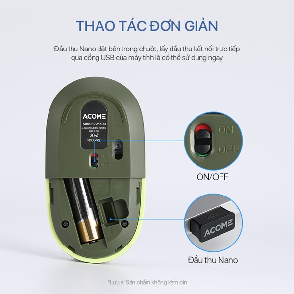 Chuột Không Dây ACOME AM300 2.4GHz Tĩnh Âm Nhiều Màu Lựa Chọn-Hàng chính hãng