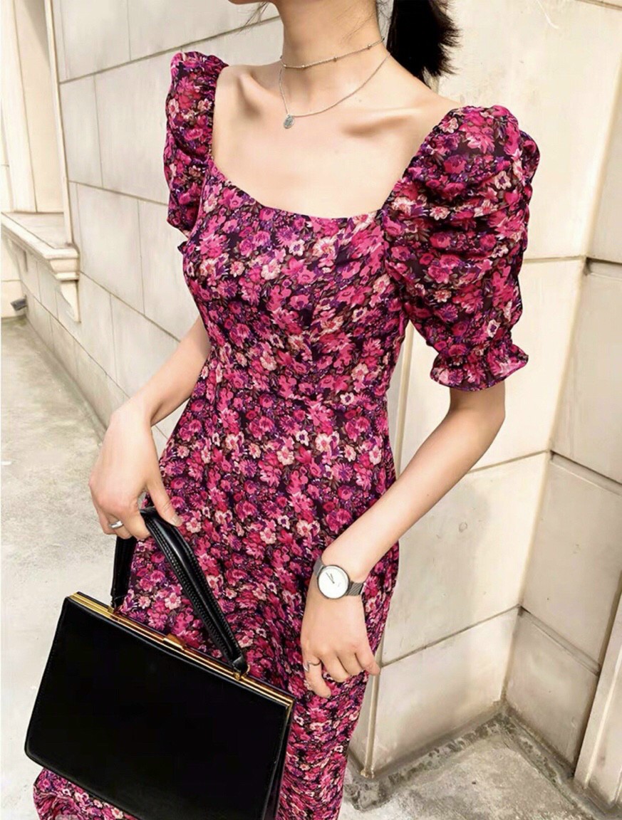 Đầm xòe maxi lụa hoa mềm mịn cổ vuông bo chun siêu co giãn vintage - VN482001