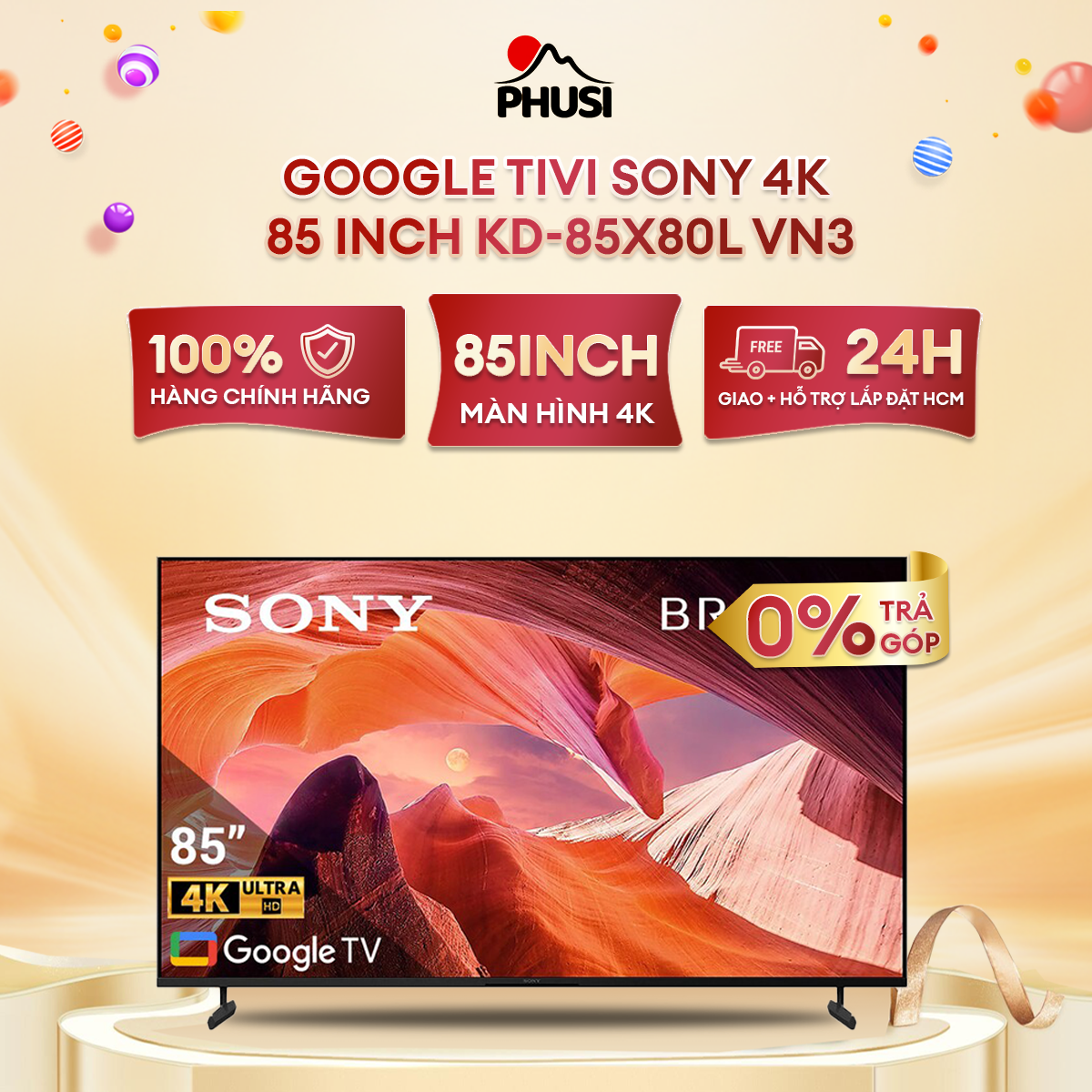 Google Tivi Sony 4K 85 inch KD-85X80L - Hàng chính hãng (Chỉ giao HCM)