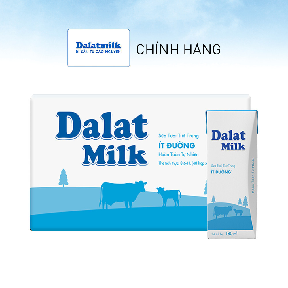 Thùng 48 hộp sữa tươi tiệt trùng Dalatmilk ít đường 180ml
