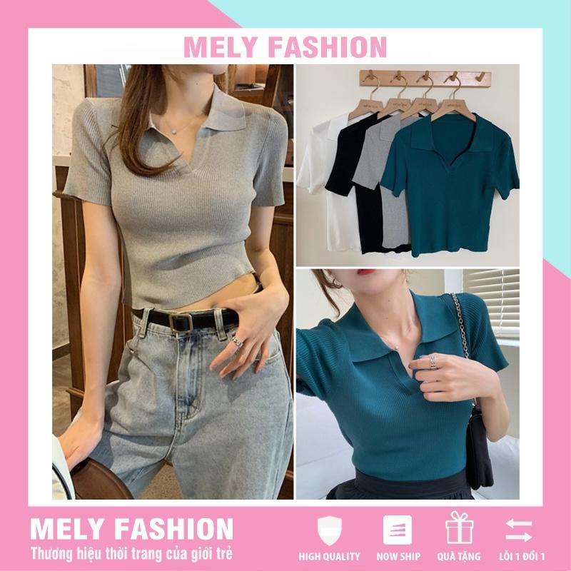 Áo croptop Polo len tăm nữ cổ bẻ V dáng ôm tay ngắn hàng dệt kim montergy Quảng Châu nhiều màu AL12