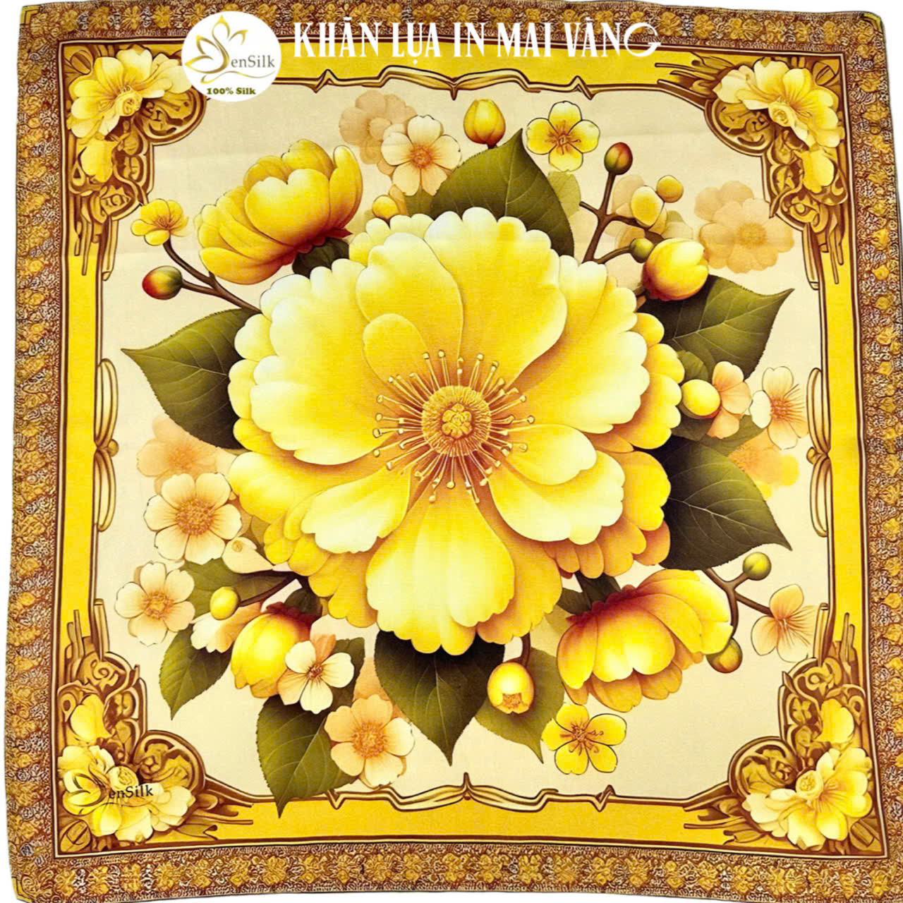SenSilk Silk Printed Scarves - Luxurious Fashion Accessories for Her - Khăn Thời Trang Cao Cấp 65x65cm - Mai Vàng 3D Limited Design