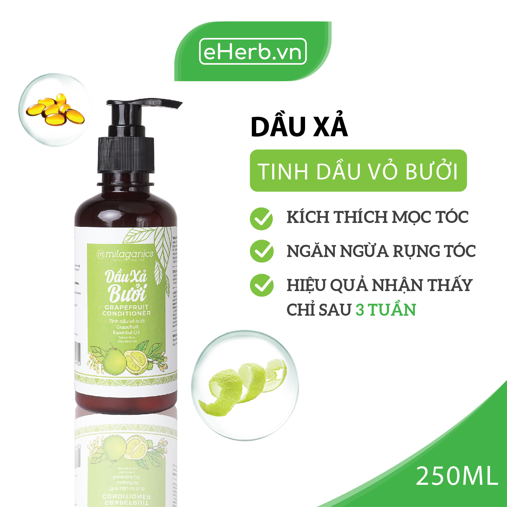 Bộ 4 Sản Phẩm Kích Thích Mọc Tóc Từ Tinh Dầu Bưởi: Dầu Gội, Dầu Xả, Kem Ủ &amp; Serum Bưởi MILAGANICS (850ml/ Bộ)