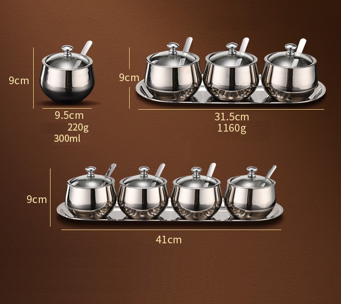 Set 3 Hủ Đựng Gia Vị Inox 304  - 31.5x9cm, 1160g ( Hủ Đơn : 9.5x9cm , 220g, 300ml )