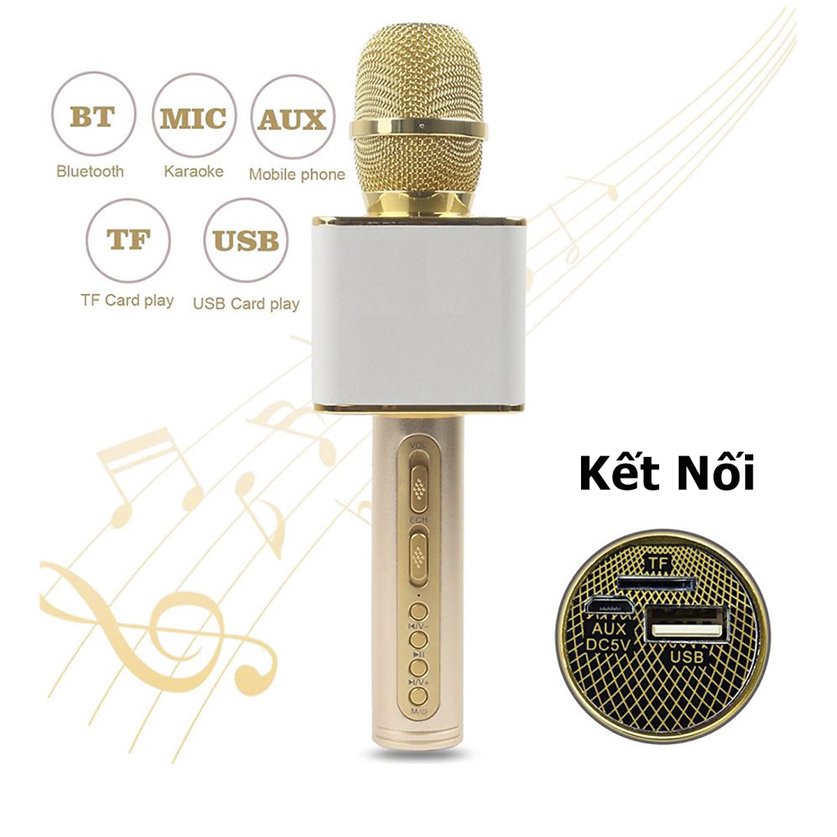 Micro karaoke không dây bluetooth kiêm loa nghe nhạc  3 trong 1 PF72 Gold - Hàng Nhập Khẩu