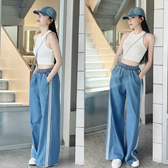 SET QUẦN JEANS ỐNG RỘNG LƯNG THUN CAO DÀI DENIM + ÁO THUN 3 LỖ TRẮNG TRƠN CƠ BẢN BASIC DẠO PHỐ ĐI CHƠI ĐI BIỂN ĐI TIỆC
