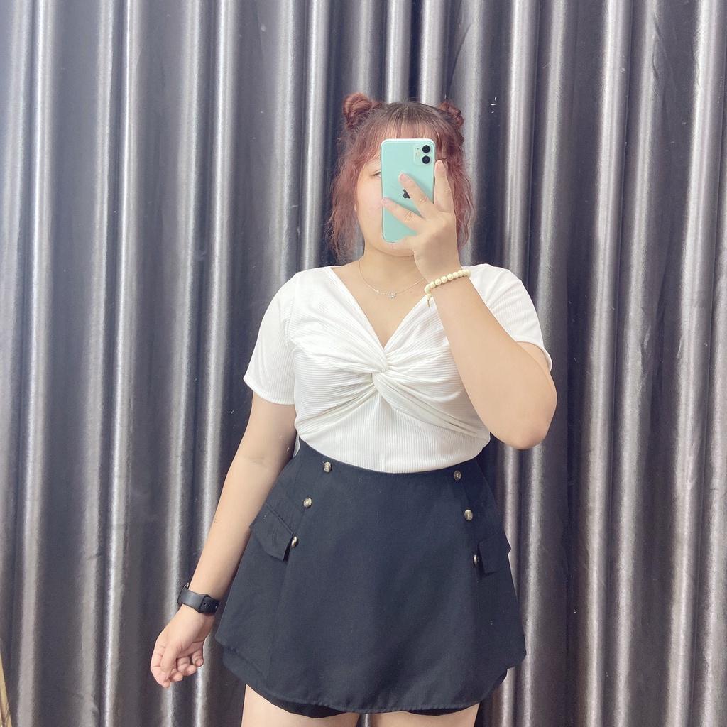 Áo thun bigsize nữ tay nắn kiểu xoắn ngực chất gân tăm co giãn phom rộng 60-92kg G100