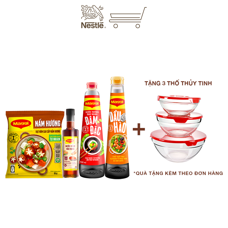 [Tặng bộ 3 thố thủy tinh Maggi] Combo Maggi hoàn chỉnh 1: 1 dầu hào chai 820g + 1 nước tương đậu nành đậm đặc 700ml + 1 hạt nêm nấm hương 450g + 1 nước mắm hảo hạng 490ml